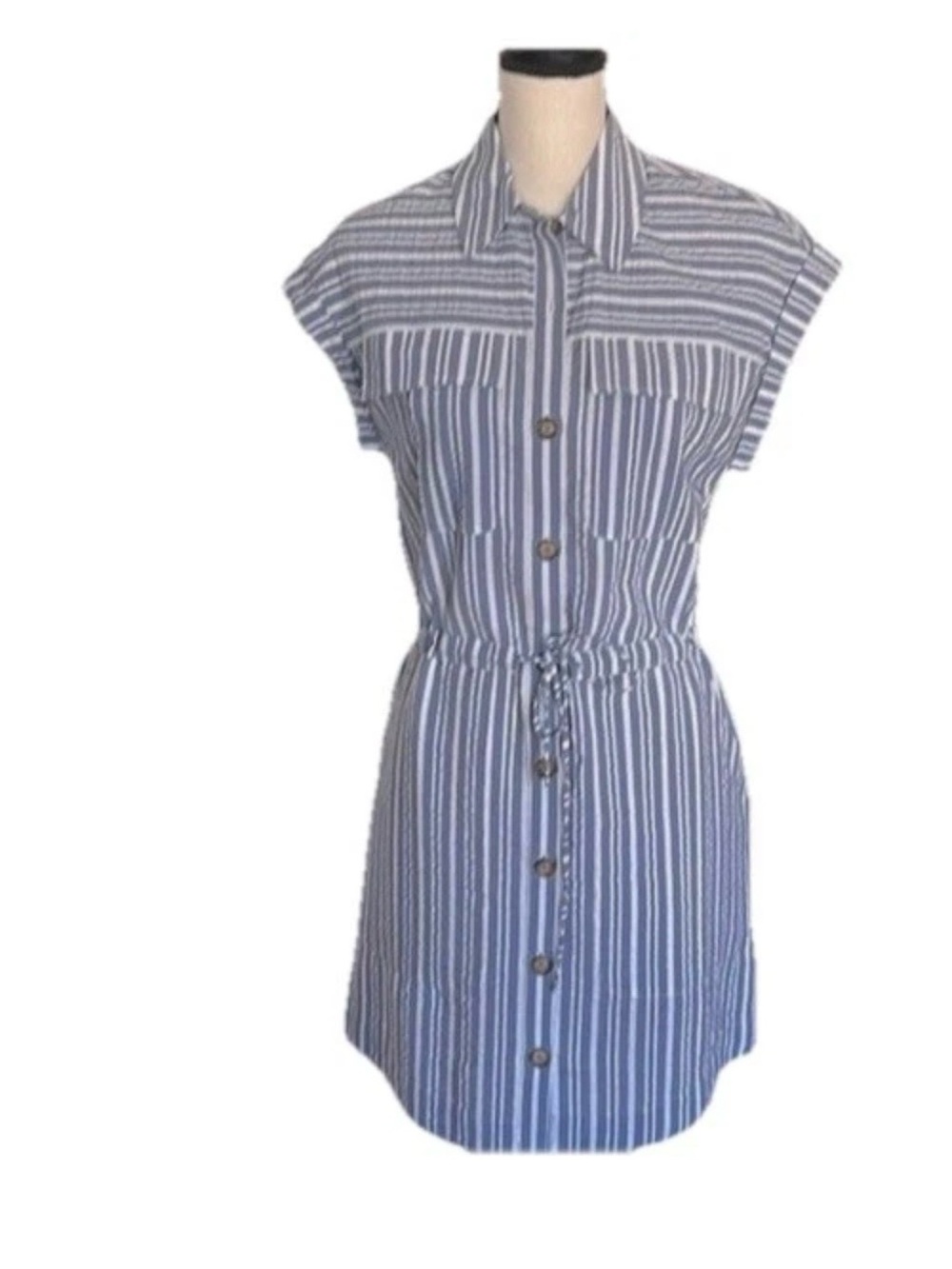 Veronica Beard Cris Striped Shirt Dress Seeesucker Womens Large Blue White